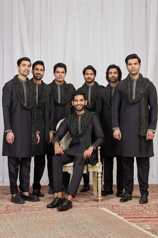 Classic Black Art Silk Embroidered Wedding Kurta Pyjama with Stole for Men
