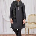 Classic Black Art Silk Embroidered Wedding Kurta Pyjama with Stole for Men