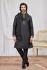 Classic Black Art Silk Embroidered Wedding Kurta Pyjama with Stole for Men