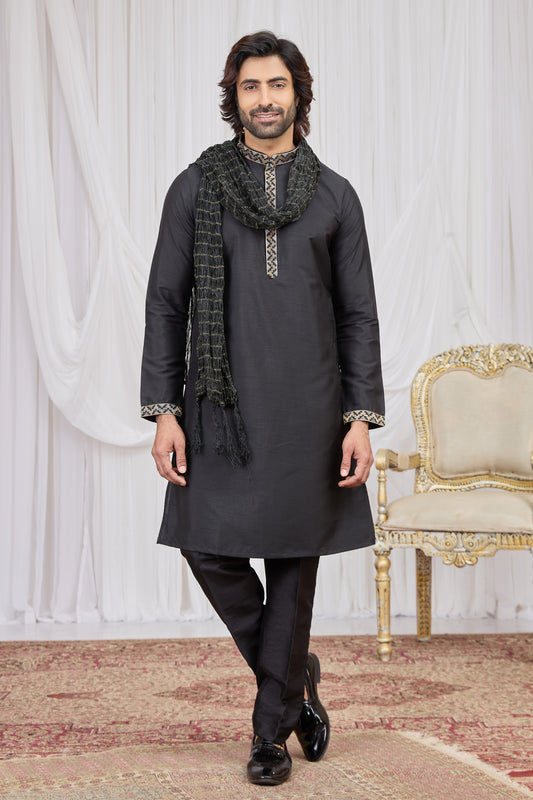 Classic Black Art Silk Embroidered Wedding Kurta Pyjama with Stole for Men
