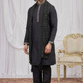 Classic Black Art Silk Embroidered Wedding Kurta Pyjama with Stole for Men