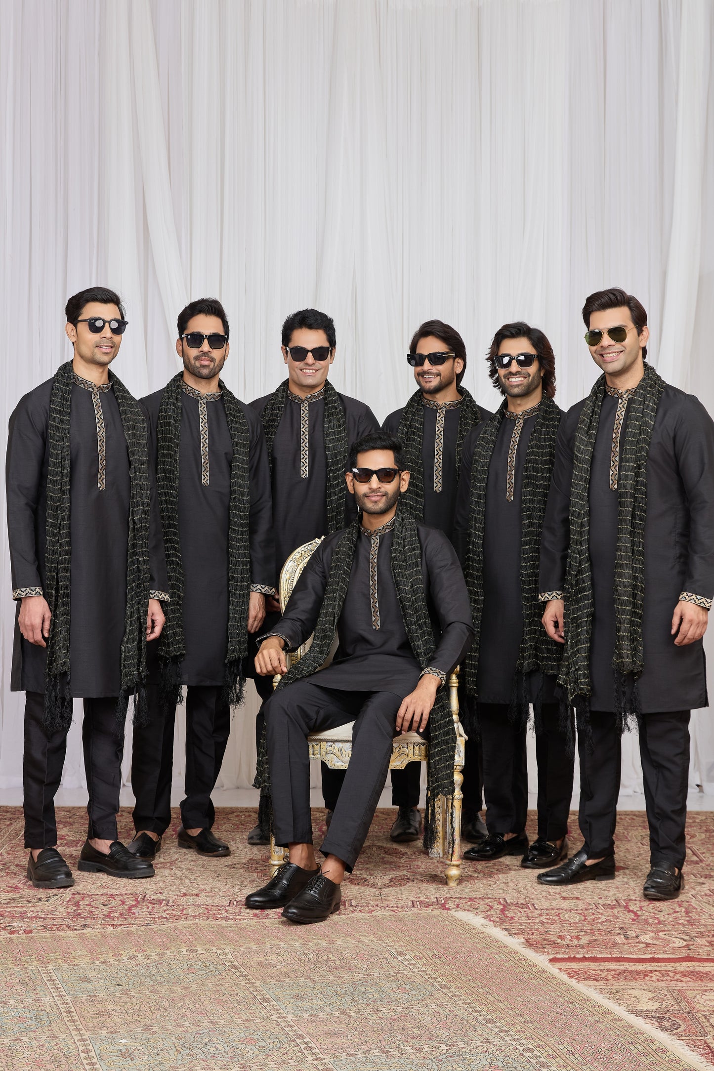 Classic Black Art Silk Embroidered Wedding Kurta Pyjama with Black Stole for Men