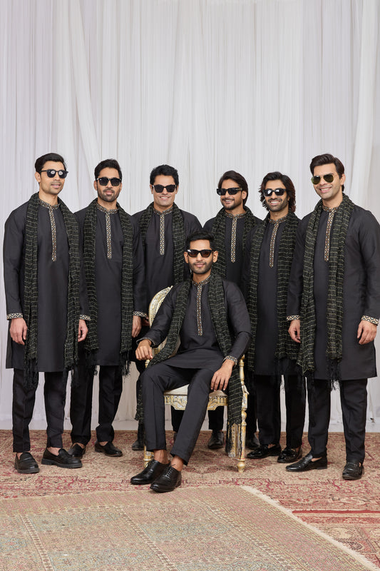 Classic Black Art Silk Embroidered Wedding Kurta Pyjama with Black Stole for Men
