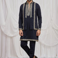 Luxury Navy Blue Armani Fabric Kurta Pyjama Set with Jacket