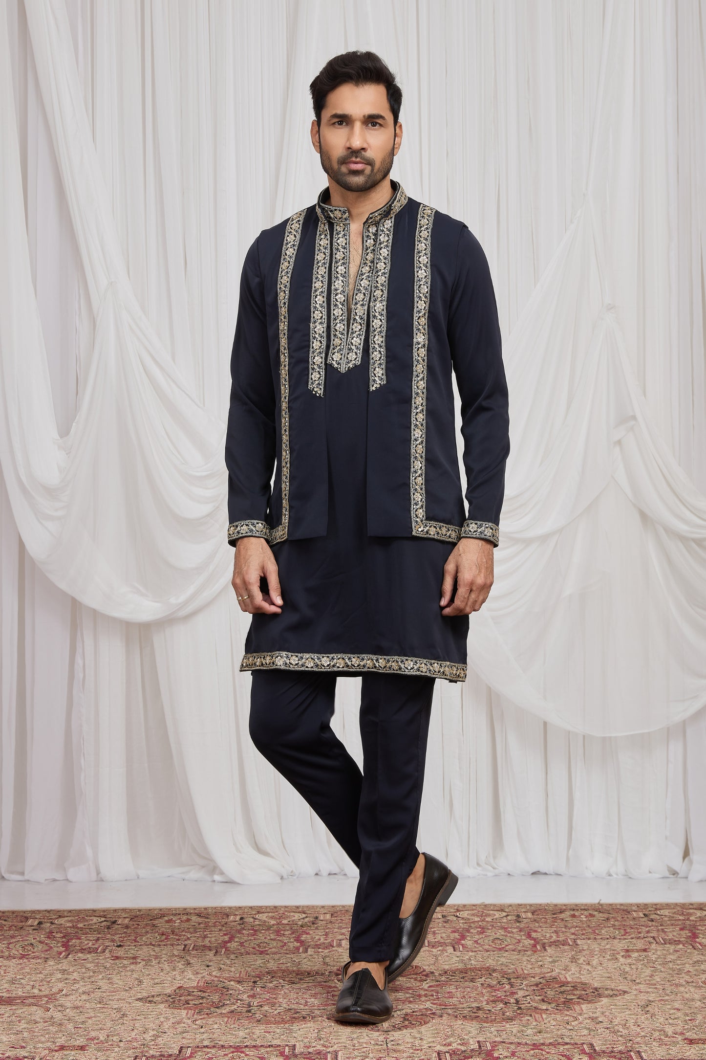 Luxury Navy Blue Armani Fabric Kurta Pyjama Set with Jacket