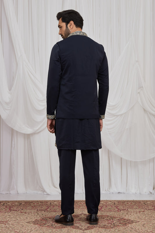 Luxury Navy Blue Armani Fabric Kurta Pyjama Set with Jacket