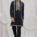 Luxury Navy Blue Armani Fabric Kurta Pyjama Set with Jacket