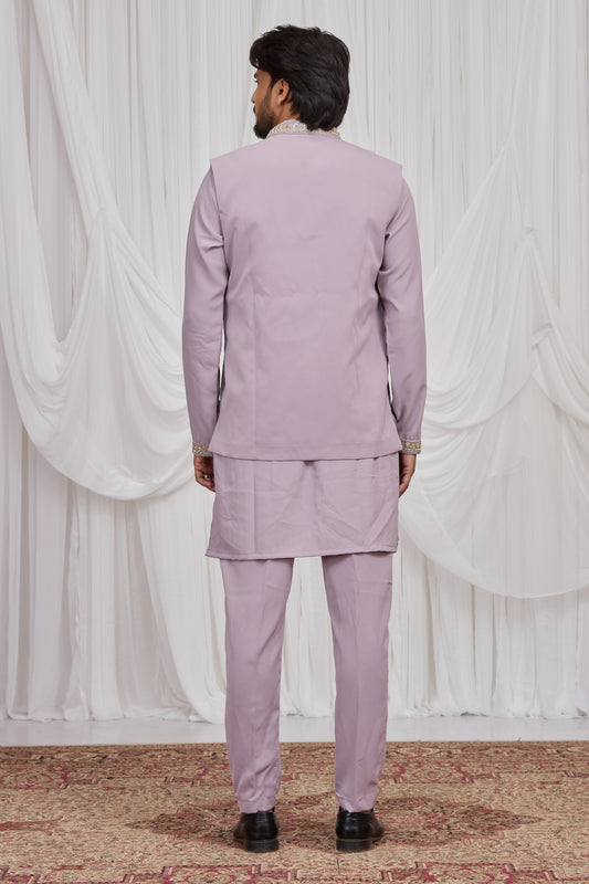 Nawabi Lavender Armani Fabric Hand Work Kurta Pyjama Set with Jacket