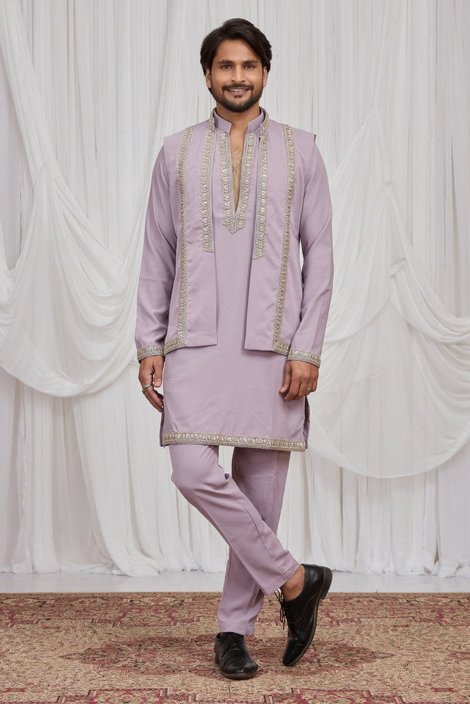 Nawabi Lavender Armani Fabric Hand Work Kurta Pyjama Set with Jacket