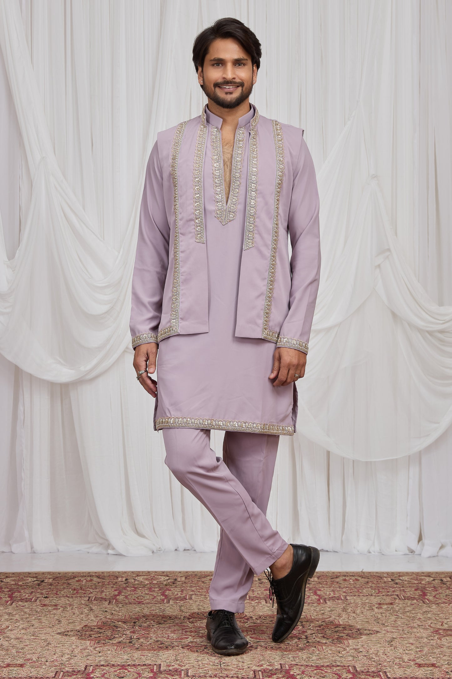 Nawabi Lavender Armani Fabric Hand Work Kurta Pyjama Set with Jacket