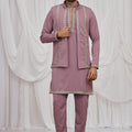 Superb Mauve Armani Fabric Hand Work Kurta Pyjama Set with Jacket for Men