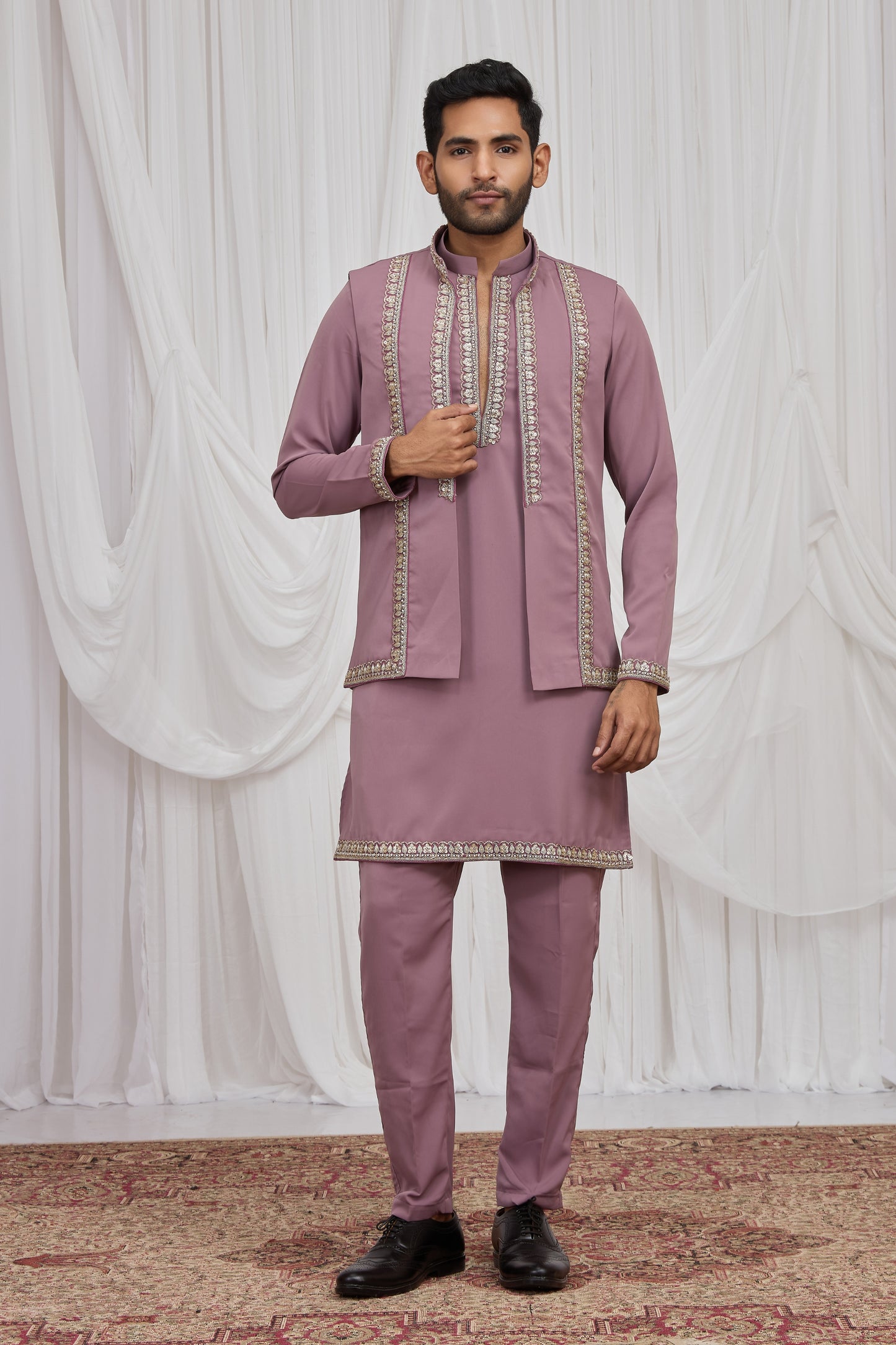 Superb Mauve Armani Fabric Hand Work Kurta Pyjama Set with Jacket for Men