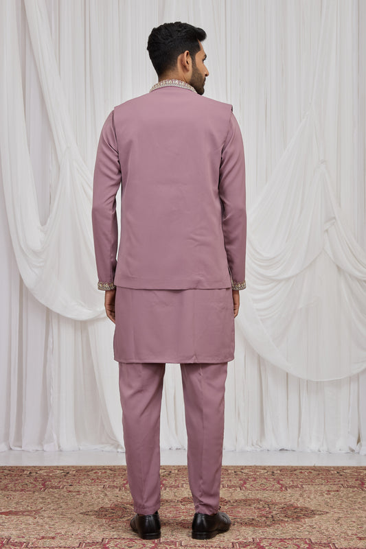 Superb Mauve Armani Fabric Hand Work Kurta Pyjama Set with Jacket for Men