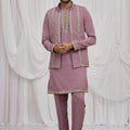 Superb Mauve Armani Fabric Hand Work Kurta Pyjama Set with Jacket for Men