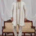 Royal Cream Armani Fabric Hand Work Kurta Pyjama Set with Stole for Men