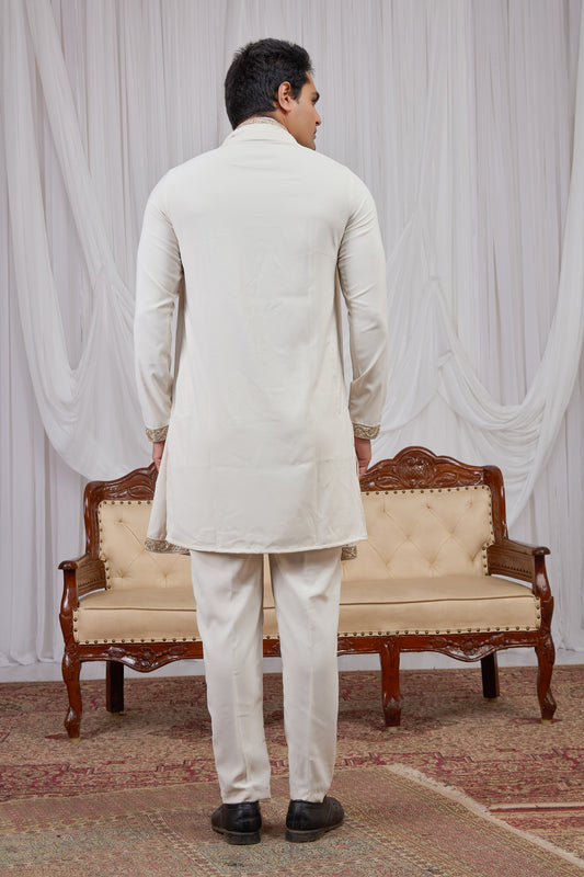Royal Cream Armani Fabric Hand Work Kurta Pyjama Set with Stole for Men