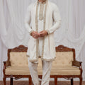 Royal Cream Armani Fabric Hand Work Kurta Pyjama Set with Stole for Men