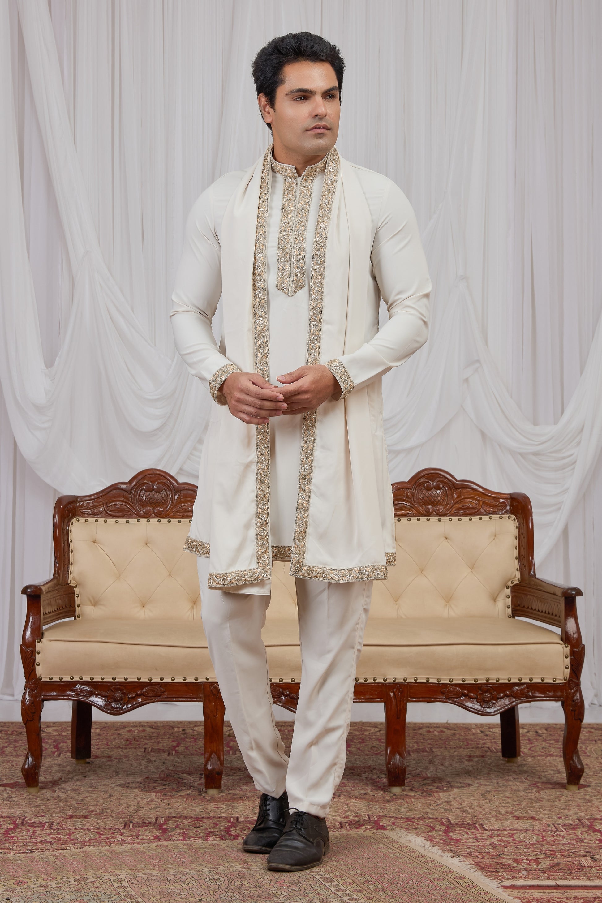 Royal Cream Armani Fabric Hand Work Kurta Pyjama Set with Stole for Men