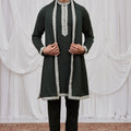 Stylish Dark Green Armani Fabric Hand Work Kurta Pyjama Set with Stole for Men
