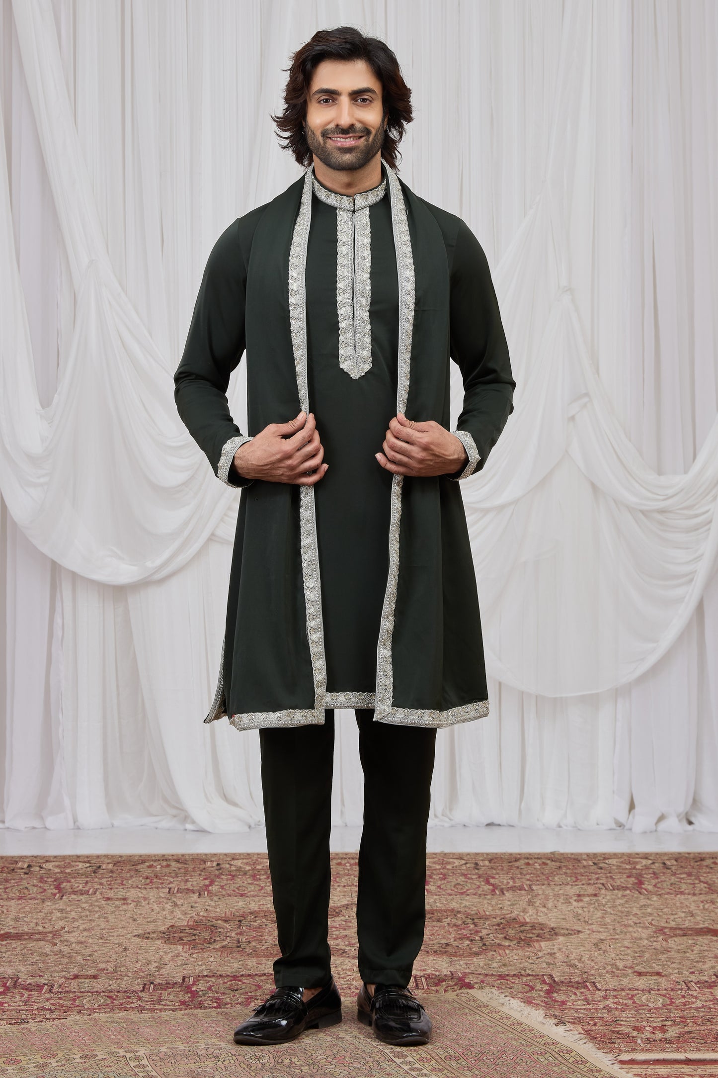 Stylish Dark Green Armani Fabric Hand Work Kurta Pyjama Set with Stole for Men