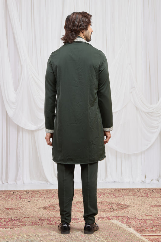 Stylish Dark Green Armani Fabric Hand Work Kurta Pyjama Set with Stole for Men