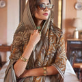 Brown Printed Organza Saree Designer Border Blouse Traditional Saree