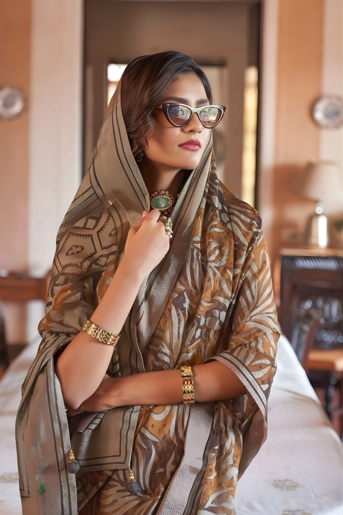 Brown Printed Organza Saree Designer Border Blouse Traditional Saree