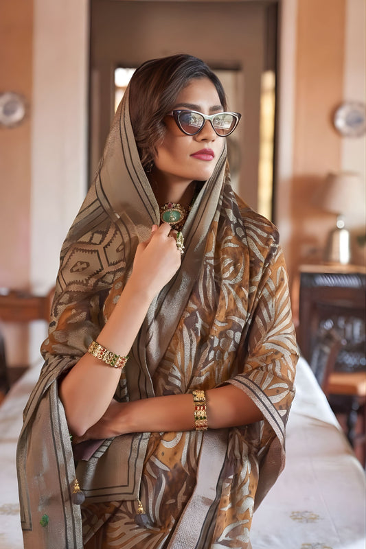 Brown Printed Organza Saree Designer Border Blouse Traditional Saree