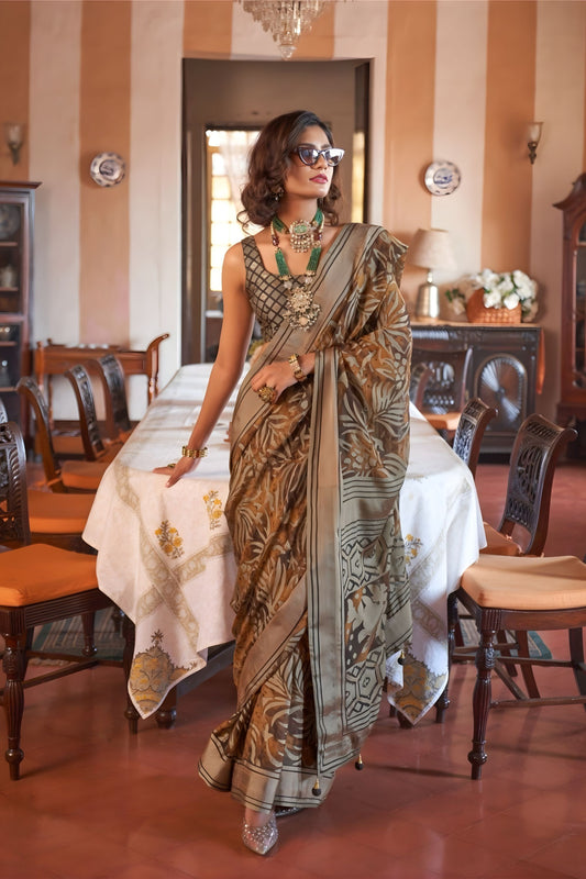 Brown Printed Organza Saree Designer Border Blouse Traditional Saree