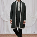Stylish Dark Green Armani Fabric Hand Work Kurta Pyjama Set with Stole for Men
