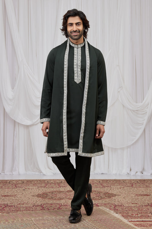 Stylish Dark Green Armani Fabric Hand Work Kurta Pyjama Set with Stole for Men