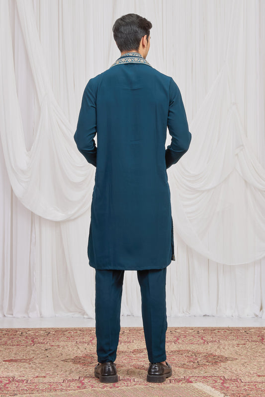 Trendy Morpeach Armani Fabric Hand Work Kurta Pyjama Set with Stole for Men