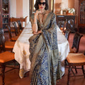 Designer Grey Printed Organza Saree Zari Border Traditional Saree 