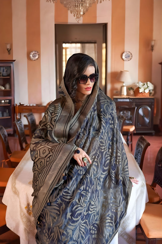 Designer Grey Printed Organza Saree Zari Border Traditional Saree