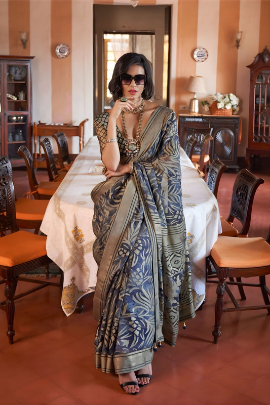 Designer Grey Printed Organza Saree Zari Border Traditional Saree 