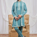 Awesome Teal Green Armani Fabric Hand Work Kurta Pyjama Set with Stole for Men