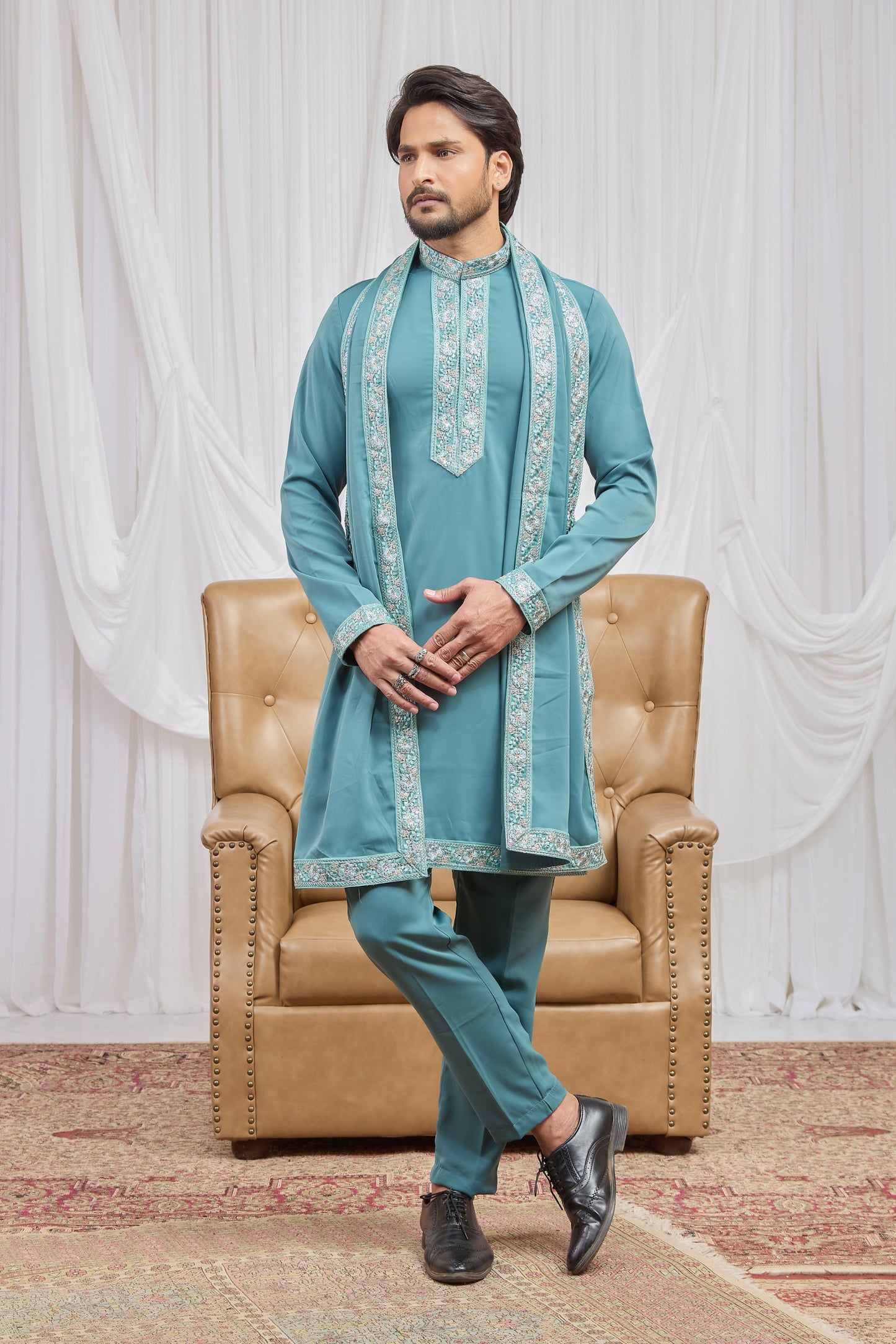 Awesome Teal Green Armani Fabric Hand Work Kurta Pyjama Set with Stole for Men
