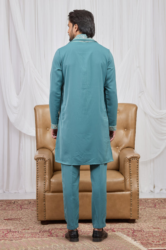 Awesome Teal Green Armani Fabric Hand Work Kurta Pyjama Set with Stole for Men