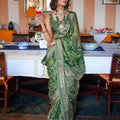  Green Printed Organza Saree with Zari Border Traditional Saree