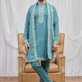 Awesome Teal Green Armani Fabric Hand Work Kurta Pyjama Set with Stole for Men