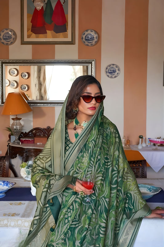 Green Printed Organza Saree with Zari Border Traditional Saree