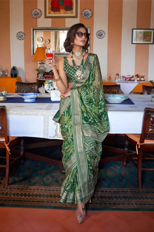  Green Printed Organza Saree with Zari Border Traditional Saree