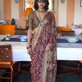  Wine Purple Printed Organza Saree Zari Border Blouse Piece 