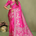 Rani Pink Banarasi Silk Saree with Rich Zari Weaving Blouse Piece