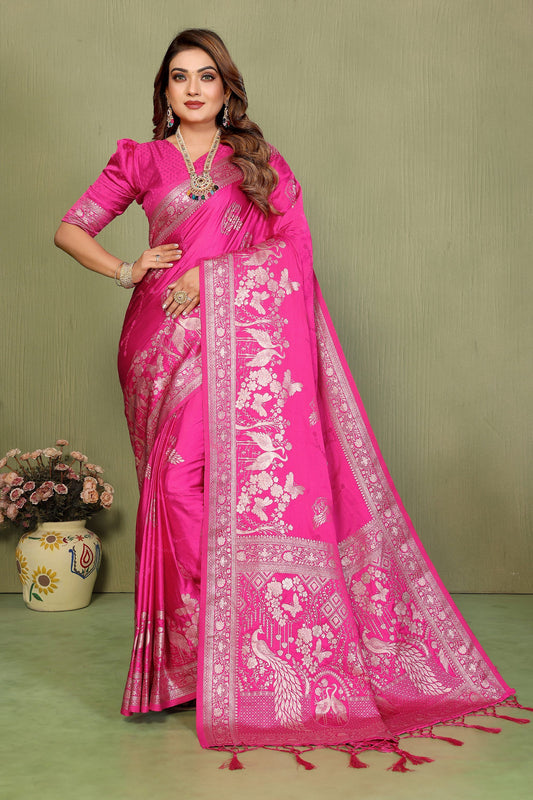 Rani Pink Banarasi Silk Saree with Rich Zari Weaving Blouse Piece