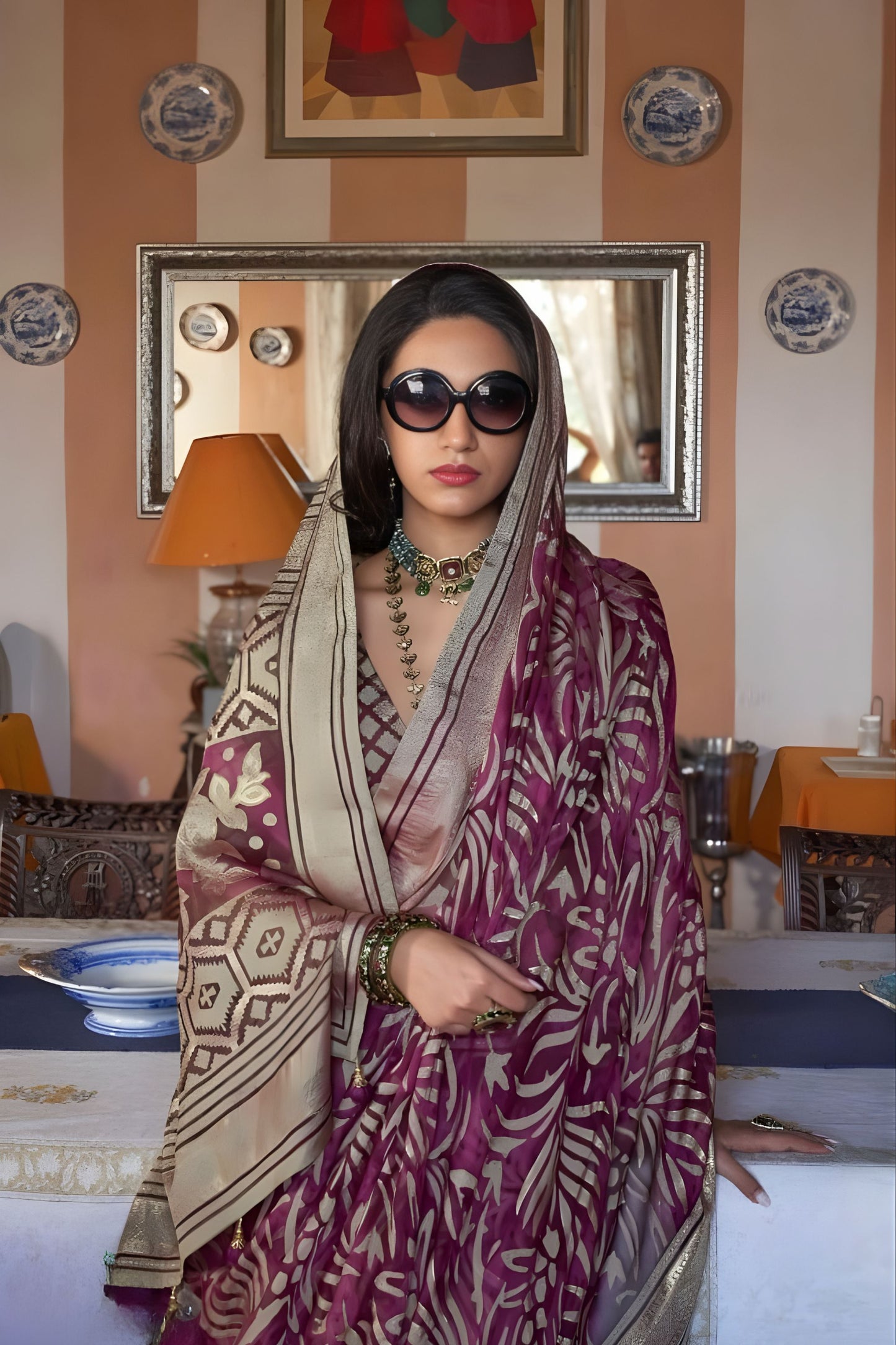 Wine Purple Printed Organza Saree Zari Border Blouse Piece