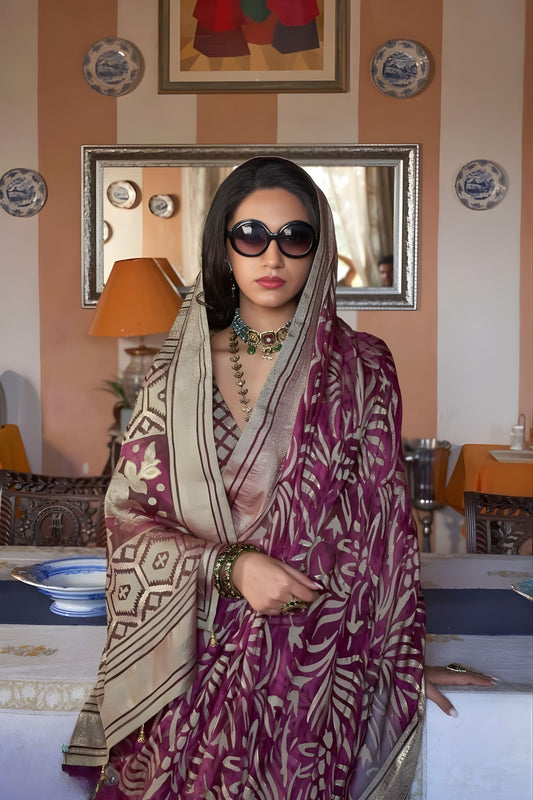 Wine Purple Printed Organza Saree Zari Border Blouse Piece