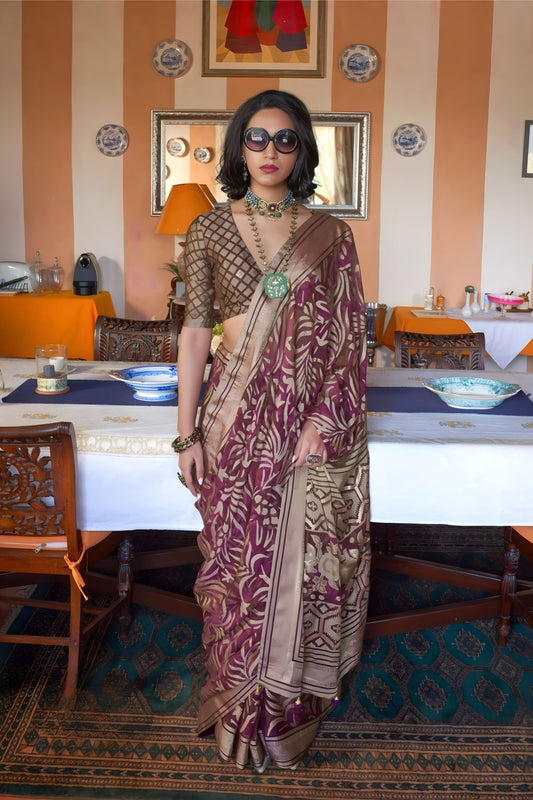  Wine Purple Printed Organza Saree Zari Border Blouse Piece 