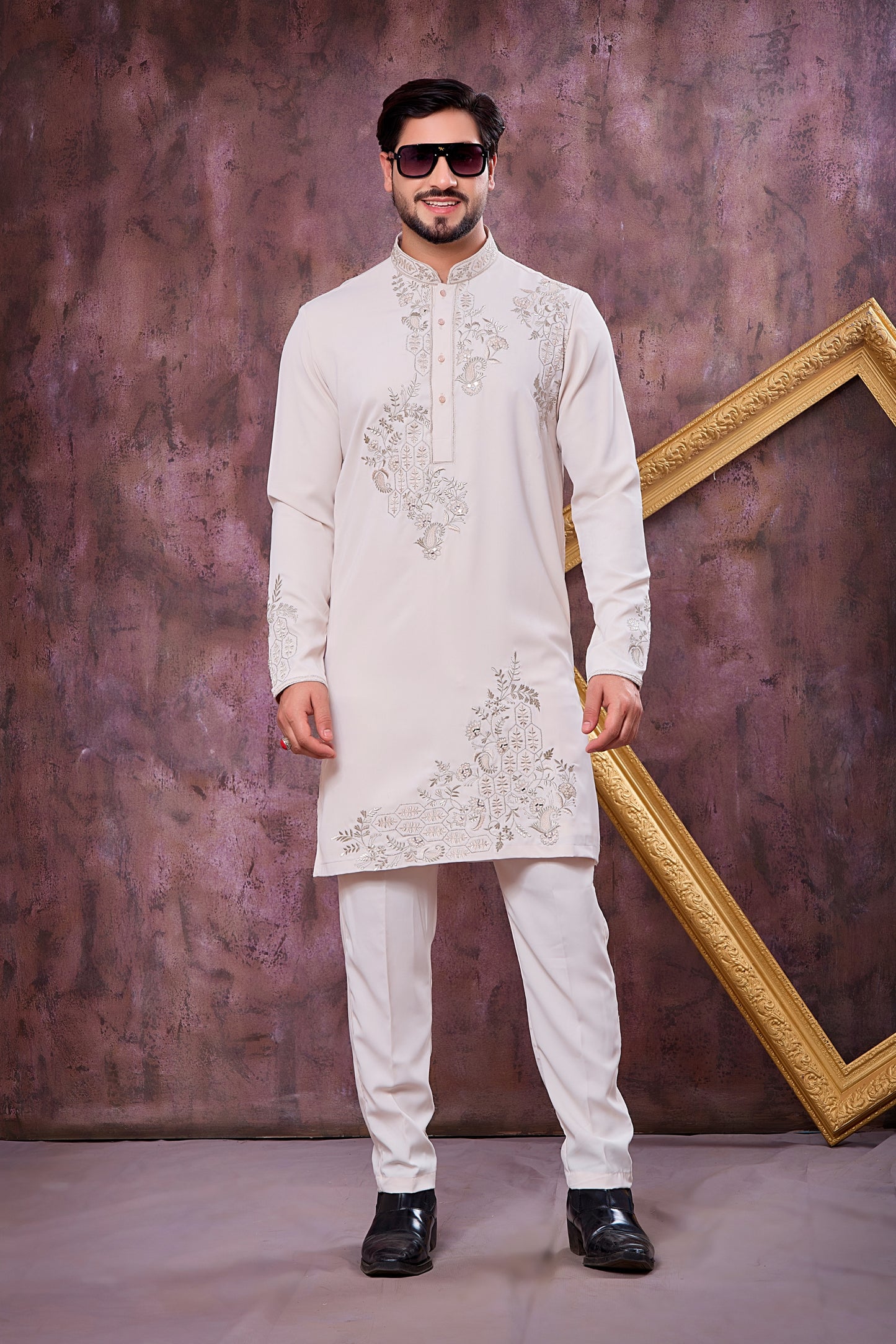 Designer Off White Armani Embroidered Wedding Kurta Pyjama Set for Men