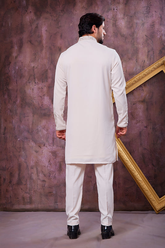 Designer Off White Armani Embroidered Wedding Kurta Pyjama Set for Men